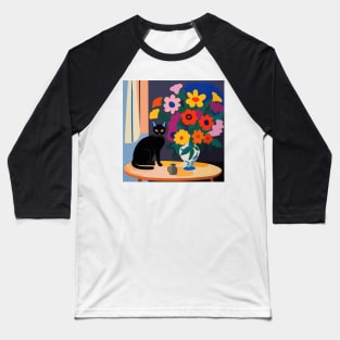 Black Cat with Colorful Flowers in a Vase Still Life Painting Baseball T-Shirt